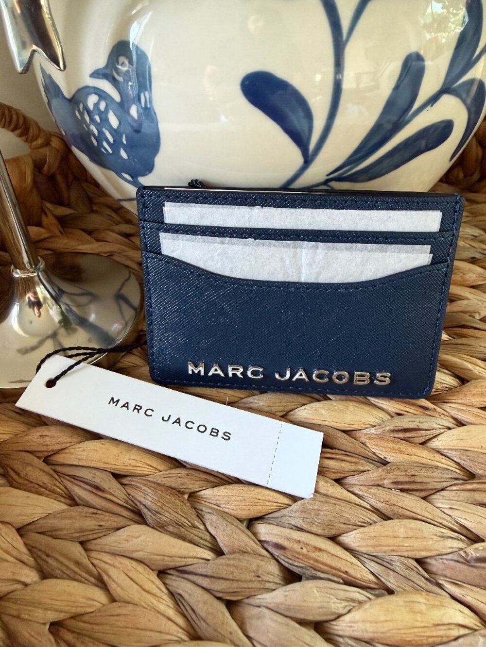 UNISEX NWT Marc Jacobs Saffiano Leather Card Case Wallet in Azure Blue Silver
